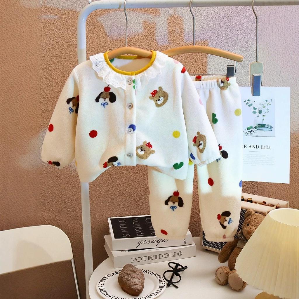 Girls' Velvet Lace Collar Flannel Pajama Set - Autumn/Winter Warmth