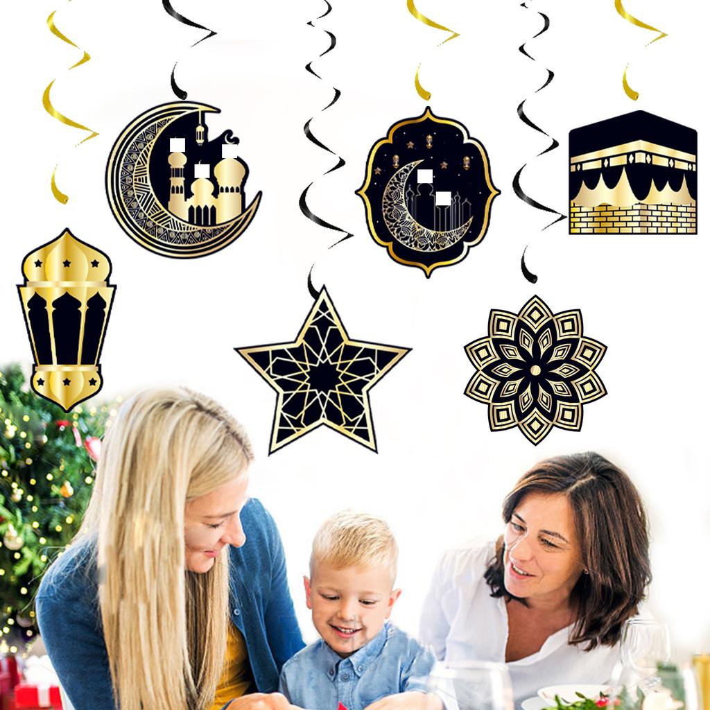 6pcs/set Ramadan Festival Wall Ceiling Decoration Ramadan Spiral Tag Hanging Ornament Decor Eid Mubarak Party Decor