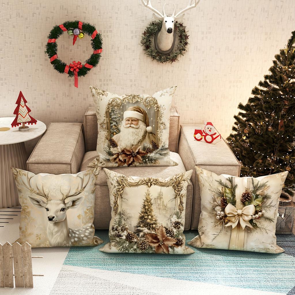 4-Piece Santa Claus Reindeer Tree Bow Pillowcase Set, Vintage Gold And White Comfortable Soft Decorative Cushion Covers