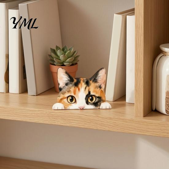 Cute Cat Theme Room Decor Shelf Sitter Ornament, Wooden Peeking Kitten Figurine, Desk 2D Flat Decorative Statue for Desktops And Bookshelves