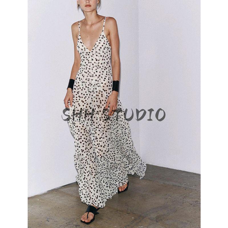 Summer New Women clothes Western Style A- line Hem V-neck Thin Sling Polka Dot Long Dress 5039226