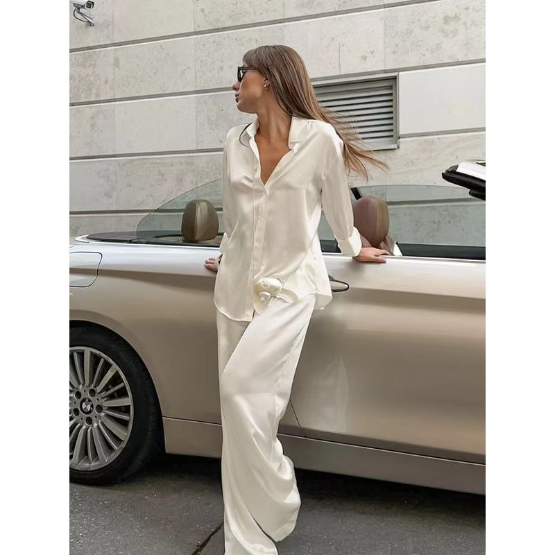Fashion Fashion Casual Satin Matte Lapel Shirt High Waist Pants Suit Shirt and Pants Set