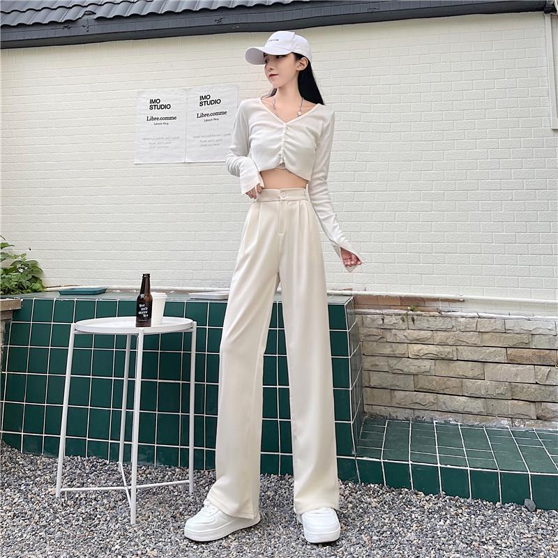 Milk Tea High Waist Wide-Leg Draped Trousers - Women's Floor-Length Casual Pants