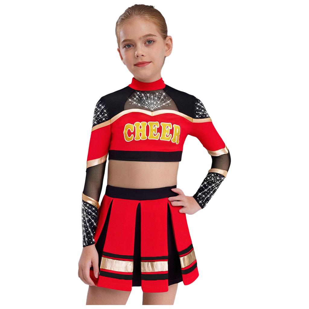 Bambina Ragazza Costume da Cheerleader 2 Pezzi Costume da Esibizione Manica Lunga Patchwork in Rete Trasparente Strass Color Block Crop Top con Gonna Pieghettata