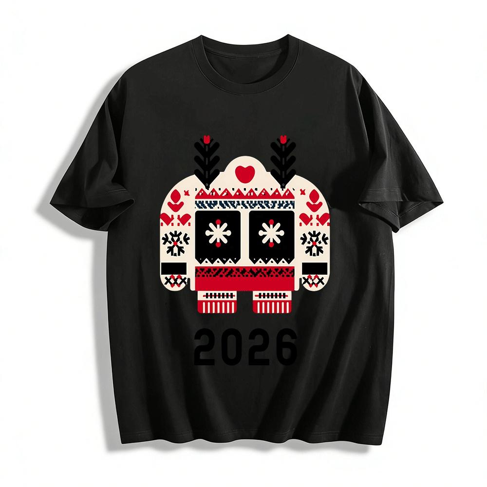 

2026 Christmas Ugly Sweater Reindeer Snowflake Knit Top Pure cotton T-shirt XXS