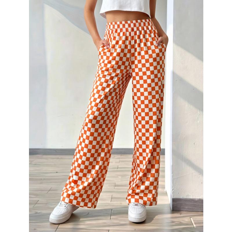 Women's Black White Checkerboard Print Wide Leg Pants Elastic Waist Casual Trousers with Side Pockets for Comfortable Wear