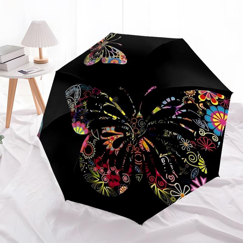 1pc Butterfly Print Automatic Folding Umbrella Durable Iron Frame,All Seasons Home Travel Outdoor Multifunctional Umbrella yy251115096