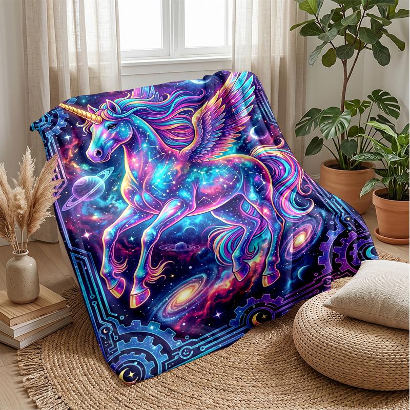 Cosmic Unicorn with Flowers Blanket Personalized Name Flannel Blanket Soft Cozy Plush Throw for Sofa Bed Lightweight Home Decor