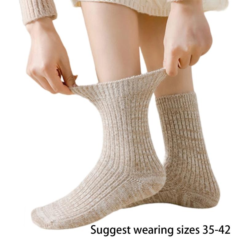 Women Casual Faux Wool Ribbed Knit Crew Socks Winter Thermal Warm Thickened Middle Tube Socks Home Slipper Socks Hosiery