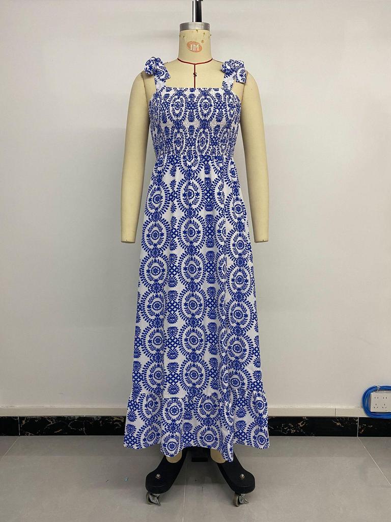 Summer 2026 Ethnic Style Spaghetti Strap Printed Backless Dress - Women's European & American Slit Waist-Cinching Dress