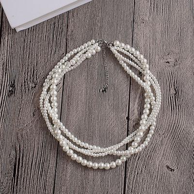 Retro Versatile Multi-layer Imitation Pearl Short Necklace, Large and Small Beads Four-layer Stacked Collarbone Chain, a Variety of Wearing 