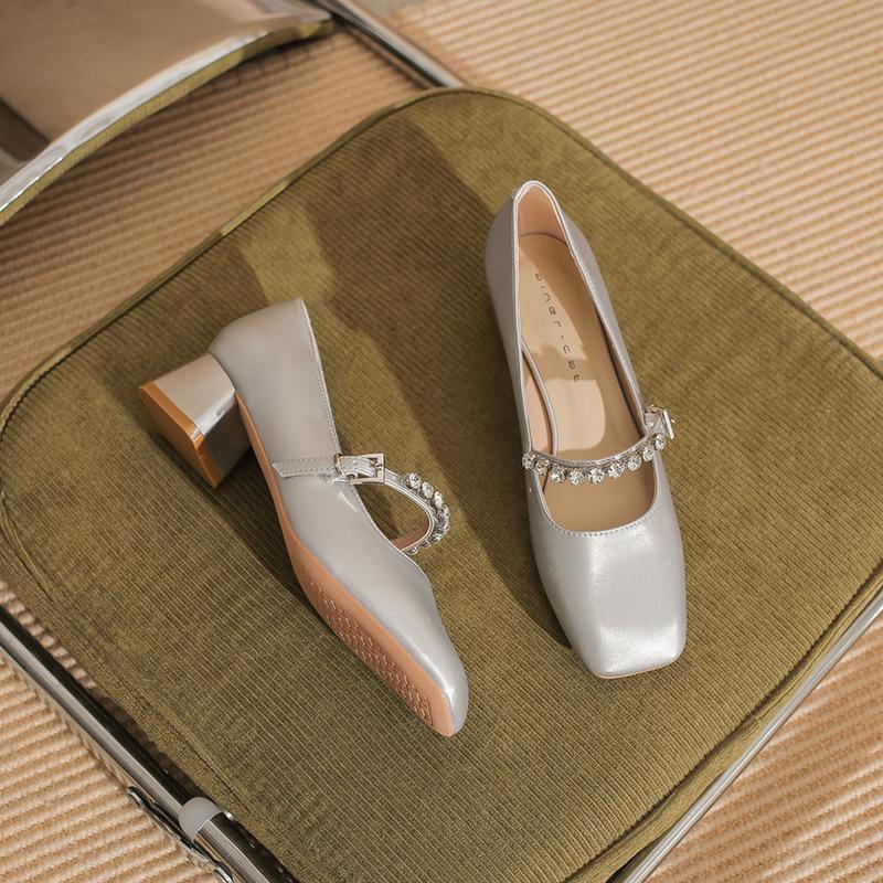 57706 [sheepskin] high heels women's thick heel 2025 new square head rhinestone one-word buckle Mary Jane single shoes