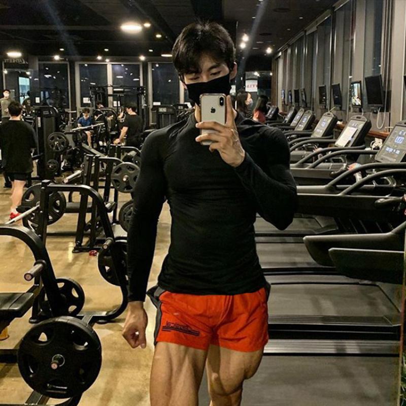 Fitness long-sleeve tight-fitting round-neck T-shirt for men, quick-dry training wear, muscle boy sports shapewear, stretchy T-shirt