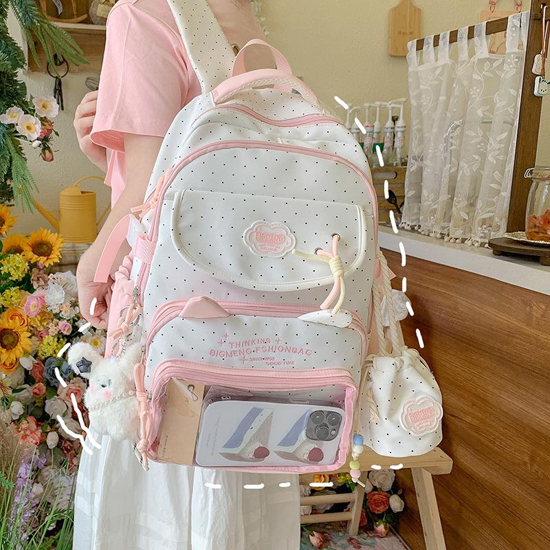 Schoolbag College Style Cute Girl Polka Dot Backpack High Value Student Daily Large Capacity Lightweight School Bag Pain Bag Backpack
