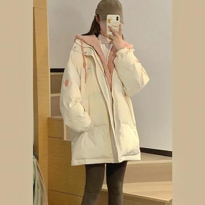 Fashionable Hooded Mid-Length Cotton Coat  Women Thickened with Color Block New Winter Style for Students Warm Jacket