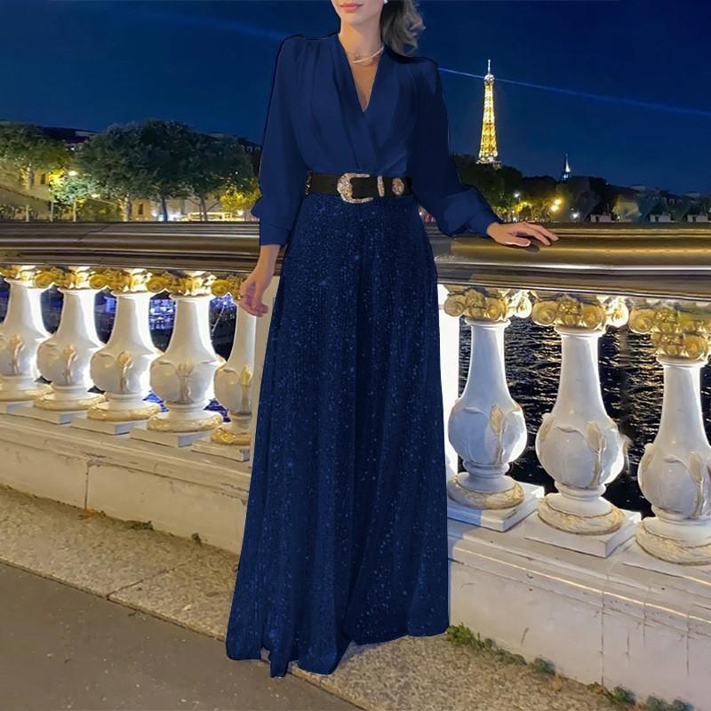 Women's Jumpsuit Fashion V-neck Long Sleeved Shirt with Elegant Temperament Slim Waist and Sequin Wide Leg Pants