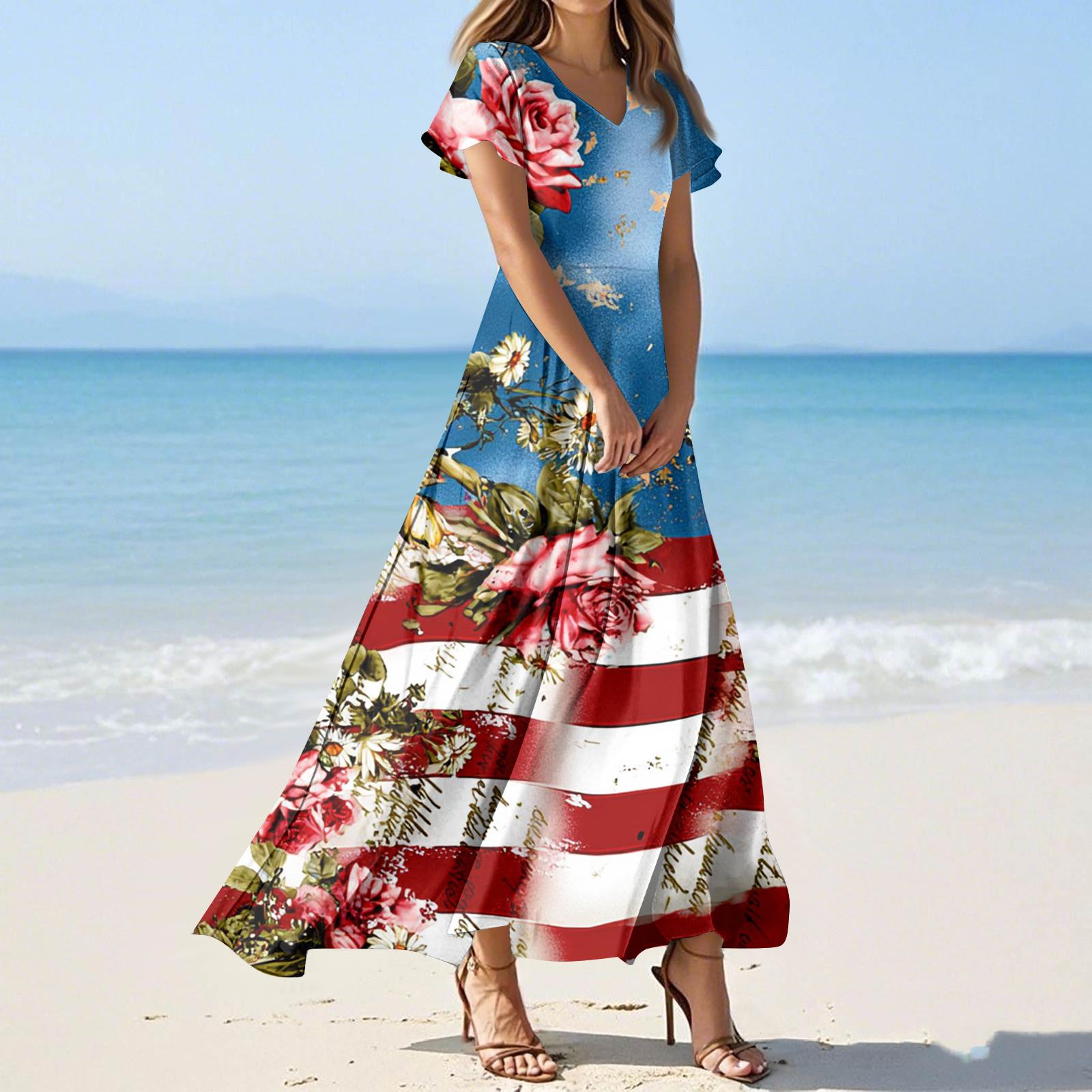 

Женские летние повседневные модные платья с принтом и короткими рукавами и V-образным вырезом S синий