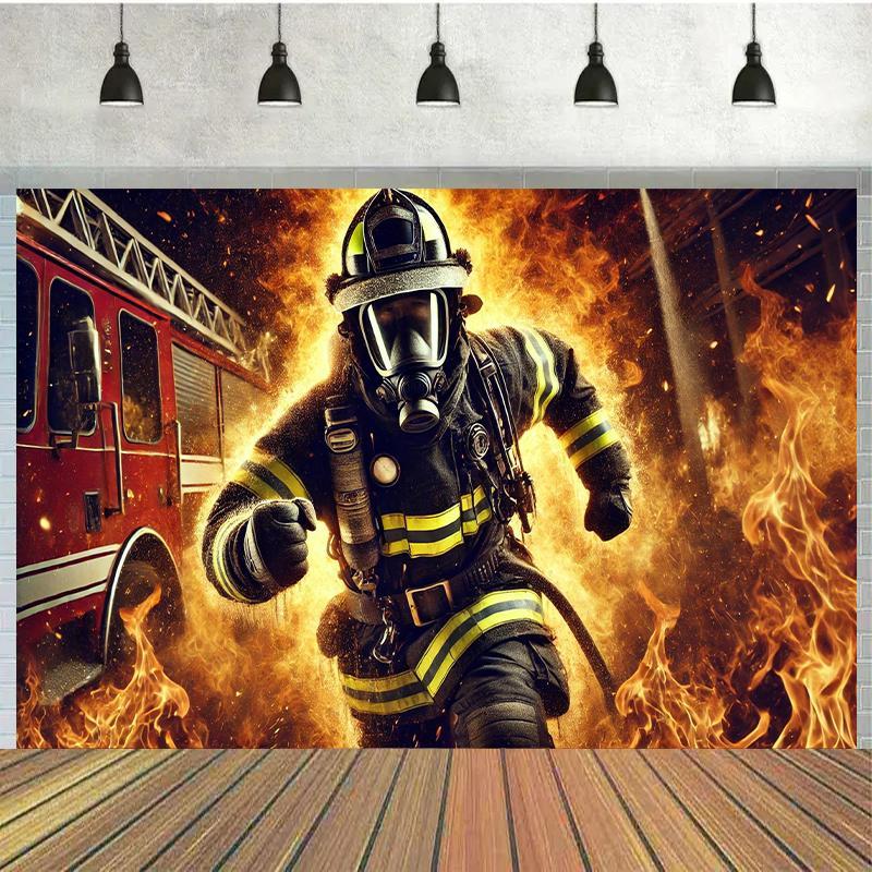 Sfondo piatto 2D in poliestere monopezzo a tema vigili del fuoco, adatto per feste di compleanno e tavoli per torte
