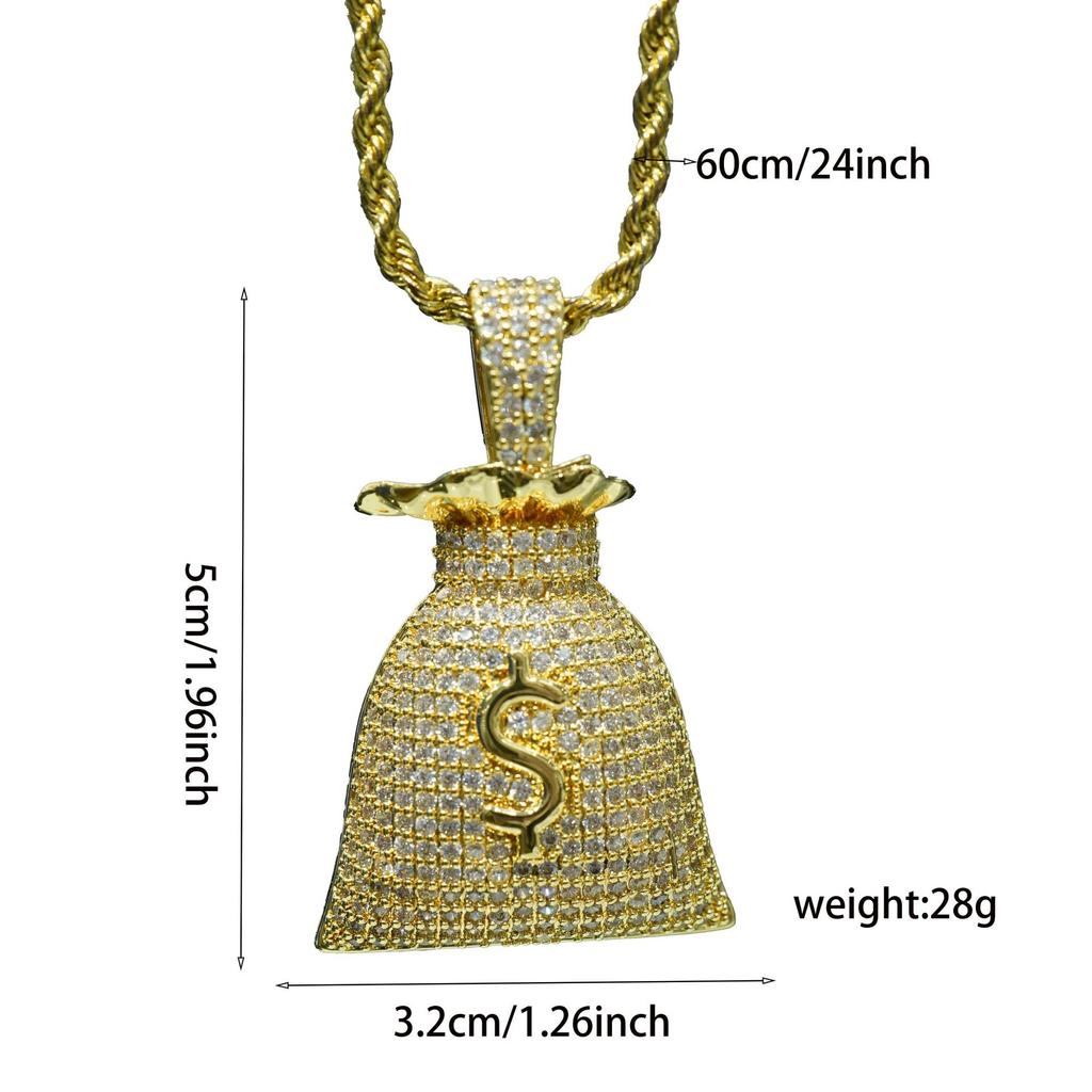European and American Hip Hop Money Bag USD $Symbol Necklace Copper Set Zircon Pendant HIPHOP Trendy Jewelry
