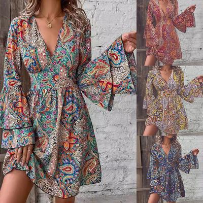 Bohemian Style Print Dresses for Women Fashion Bell Sleeves V-neck Elegant Ladies A-line Dress  Spring Summer Casual Beach Dress