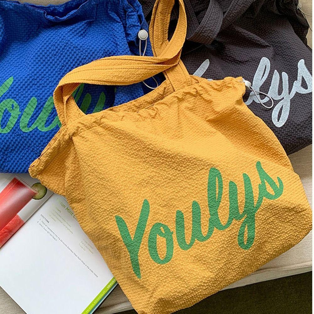 Canvas Drawstring Tote Bag Korean Style Letter Printed Handbag Casual Nylon Shoulder Bag  Women