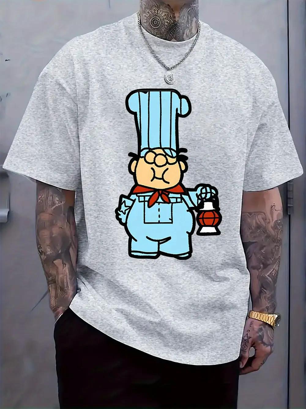 

Blue Cartoon Chef Graphic T-shirt - Casual Crew Neck Short Sleeve Tee with Applique L