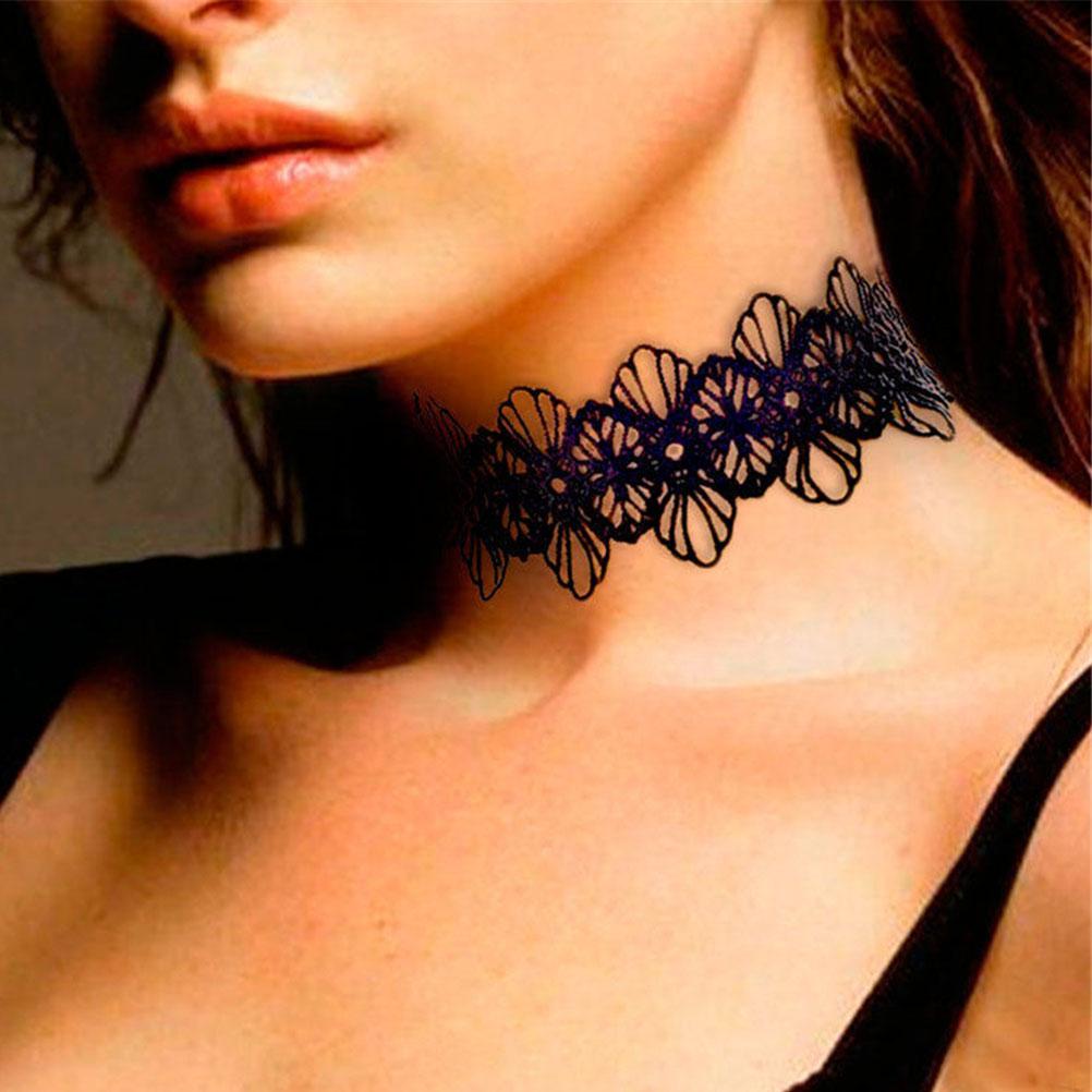 1pc Gothic Chokers Black Lace Flowers Sexy Lace Neck Choker Necklace Vintage Tassel Chain Women Steampunk Halloween Jewelry