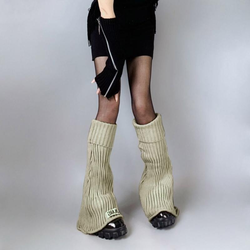 Harajuku Women Autumn Vintage Flared Leg Warmers Socks Gothic Punk Letters Label Ribbed Knitted Foot Covers Streetwear