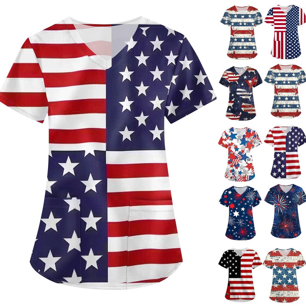 Women's Independence Day Printed Loose V-Neck Pocket Short Sleeve Uniform Uniform