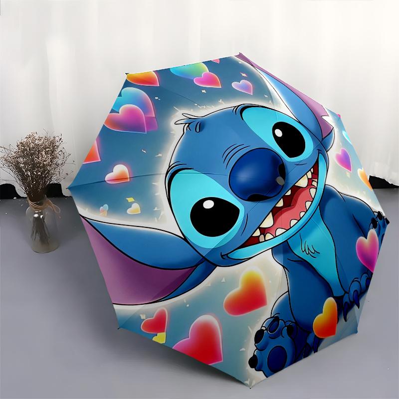 Stitch,Hearts Automatic Folding Umbrella - Simple 8-Rib Design, Bright Cartoon Pattern, Durable Iron Frame, Suitable For Travel, Outdoor, Be