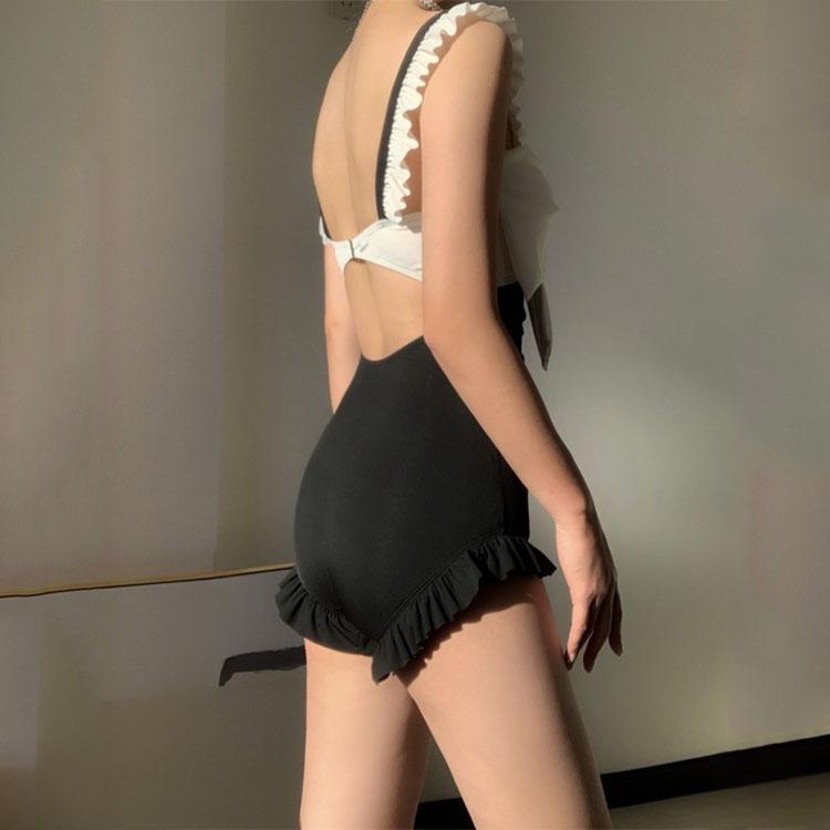 Bow Swimming Suit Women's Spa One-piece Swimwear South Korea Ins Obscure Belly Showing Thin Halter Sexy Beachwear