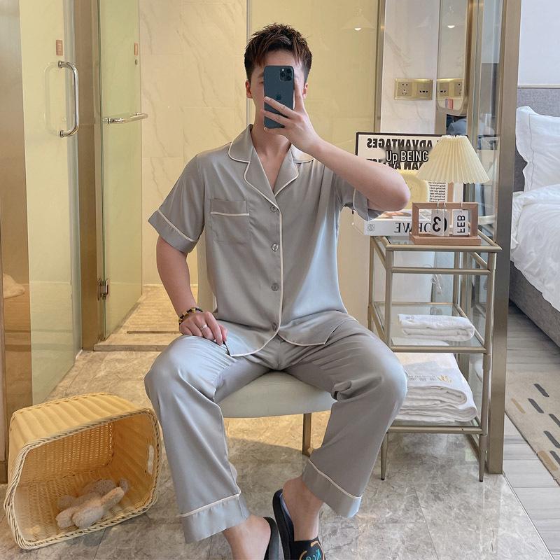 2023 Men s Ice Silk Pajama Set: Short Sleeve Top & Long Pants for Teens