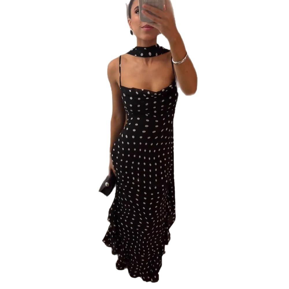 Black and White Polka Dot Halterneck Maxi Dress with Ruffled Hem and Drape