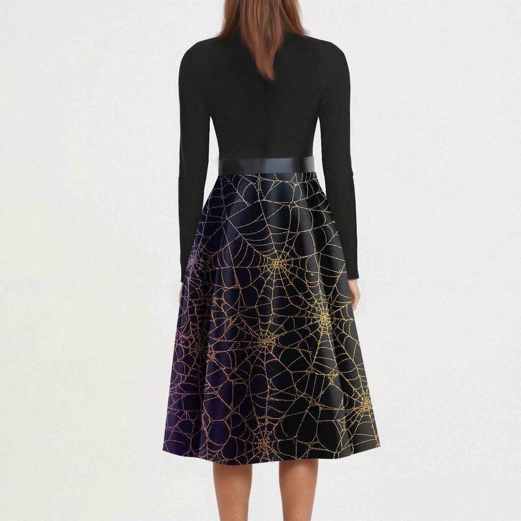Women's Fashion O-Neck Casual Slim Fit Halloween Printed Long Sleeve Dress