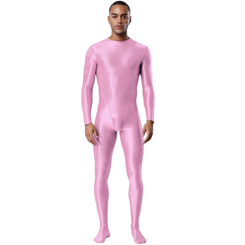 Pánský průhledný body s rolákem, dlouhým rukávem, s chodidly, jednodílný overal, lesklý, klubový, oblečení na spaní