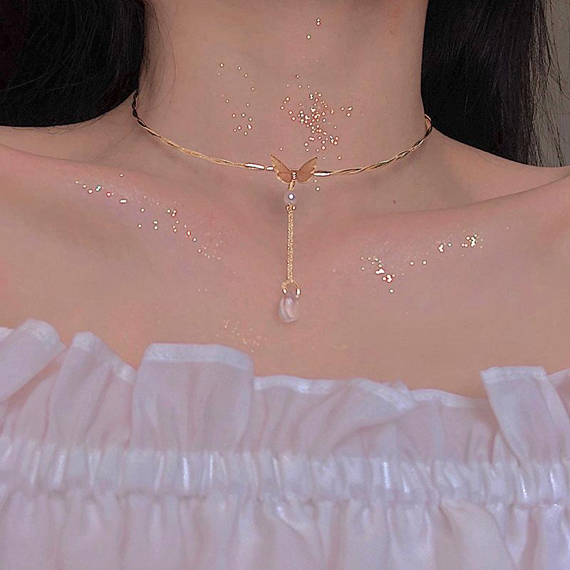 iF ME Ins Korejský Retro Motýl Perlový Přívěsek Zlatý Náhrdelník Elegantní Jednoduché Náhrdelníky Choker Šperky Doplňky