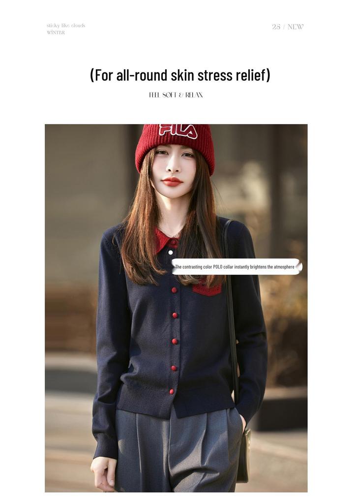 Women's Retro Versatile Cardigan: Fine Spun Wool, Soft Polo Collar, Covered Buttons, Contrasting Colors—Perfect for Spring and Autumn.