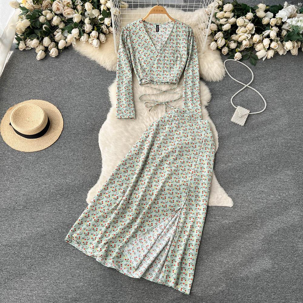 Women Vacation Bohemian Two Pieces Suits Summer Lace Up Top Split Long Skirt Sets