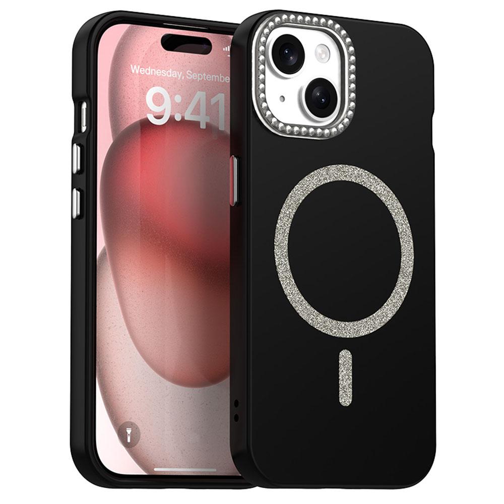 For iPhone 15 Case Compatible with MagSafe TPU+PET Phone Cover with Rhinestone Decor Lens Frame