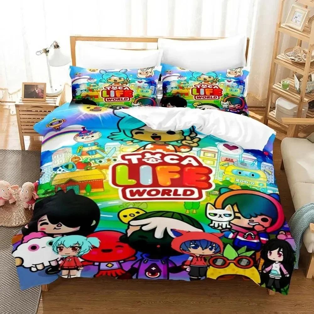 Cartoon Toca Life World Beddengoed Set Jongens Meisjes Eenpersoons Tweepersoons Maat Bouw een Verhaal Dekbedovertrek Kussensloop Bed Kinderen Volwassene Thuis EU King 240x220cm