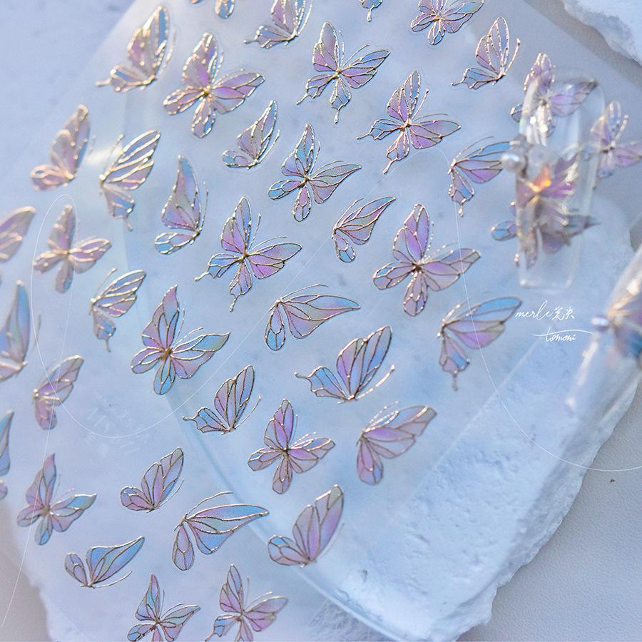 1 Piece 5D Retro Colorful Hand-painted Butterfly Nail Stickers Shell Light Butterfly Rhinestone Soft Relief Nail Art Stickers