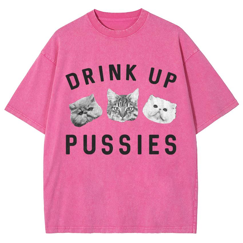 Cat Letter Print Unisex T-Shirt Washed Denim Fabric Soft Oversized Short Sleeve Vintage Ladies Top Today Wear Men