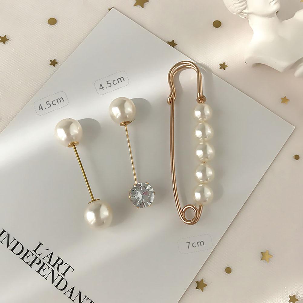 Fashion Prevent Wardrobe Malfunction Pearl Bead Diamante Brooch Collar Pin Set