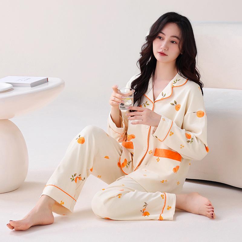Women's Long Sleeve Lapel Cardigan Pajama Set - Pure Cotton, Casual Home Wear, Can Be Worn Outside.