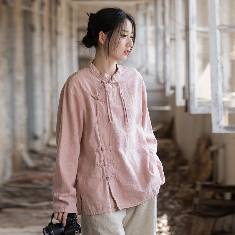 Spring Style Women's Ramie Cotton Long Sleeve Top with Handmade Frog Buttons