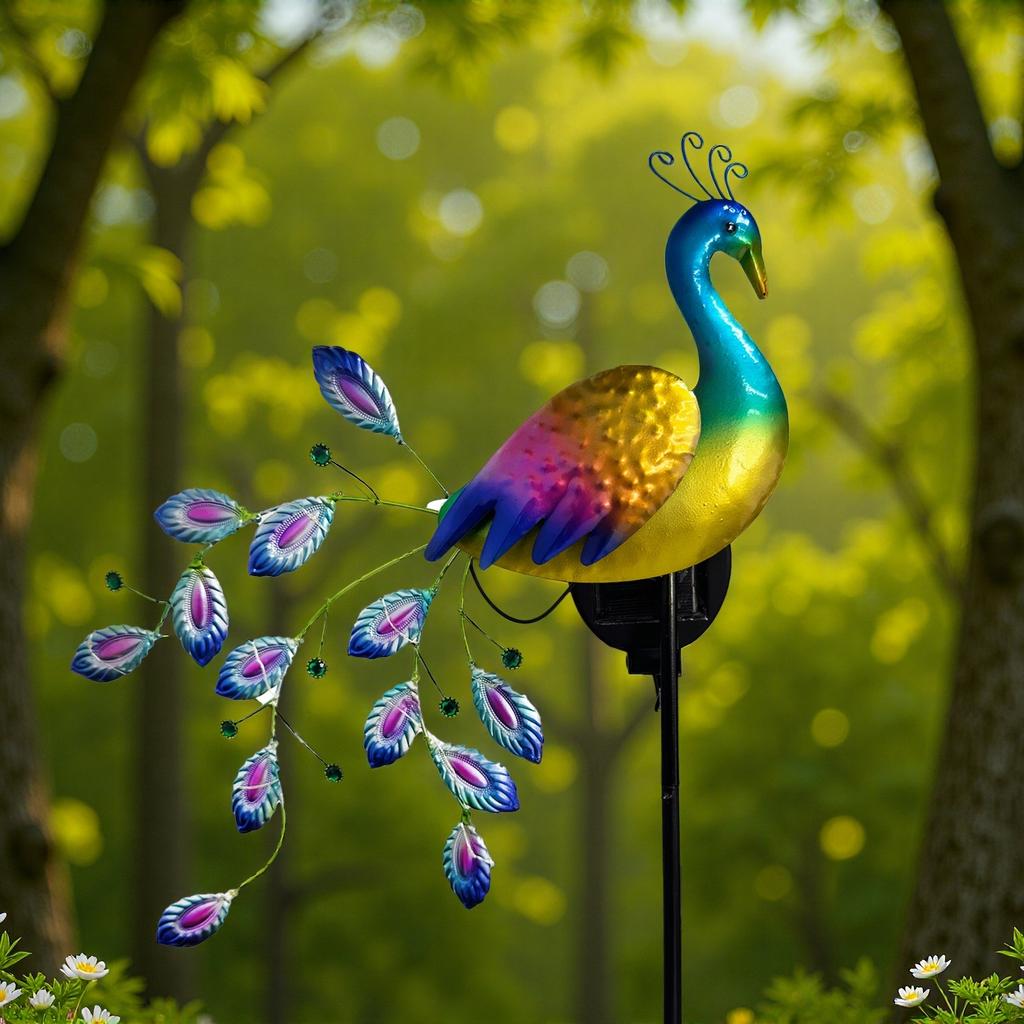 Metall Pfau Rasendekor mit Solar-LED-Leuchten Gartenschmuck Außendekor Landschaft Dekorative Skulptur