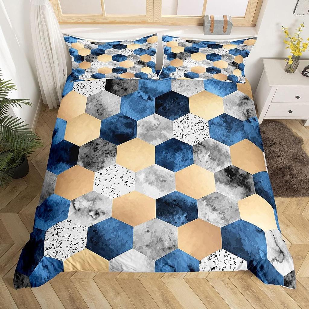 Geometric Duvet Cover Set Twin Queen Luxury Marble Comforter Cover Abstract Honeycomb Hexagon Bedding Set 2/3pcs for Boys Girls