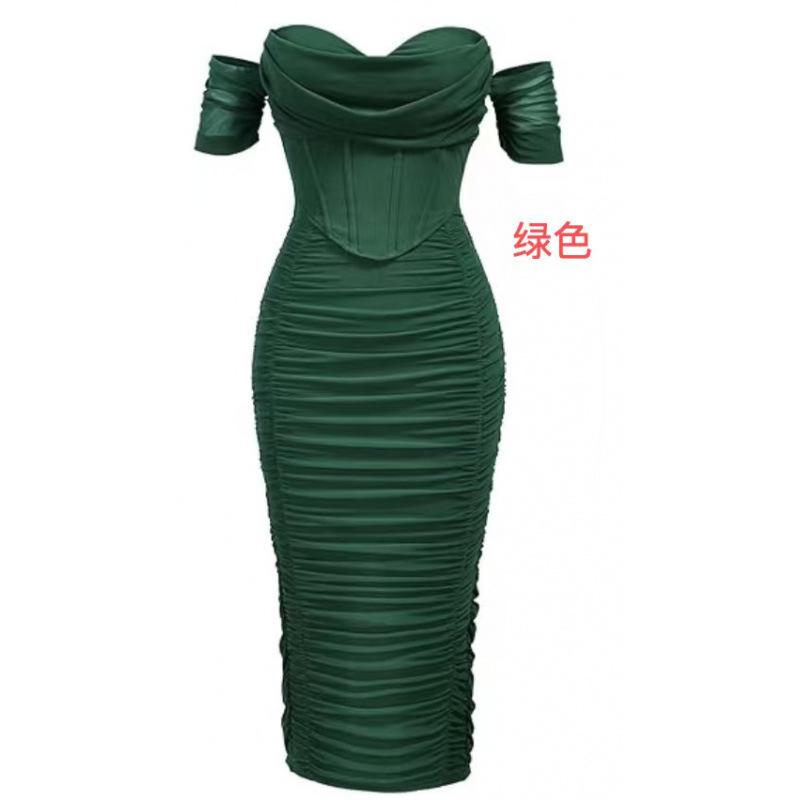 Spot new off-shoulder corset pleated medium and long dress