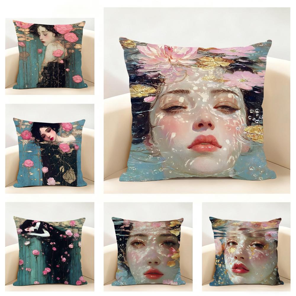 Art KKlimt oil painting style illustration Cushion Cover Linen Pillowcase Soft for Sofa Bed Home Room Decor