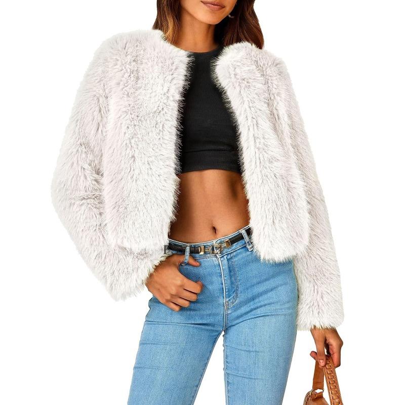 

Women s Faux Fur Cropped Jacket Soft Fluffy Open Front Coat Warm Winter Outerwear S білий